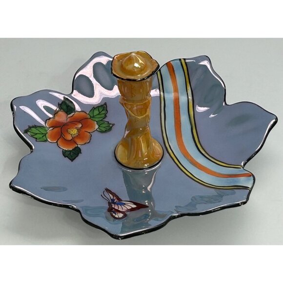 Lusterware Art Deco Noritake Blue Floral Butterfly Ring Trinket Tidbit Soap Dish - Picture 4 of 13